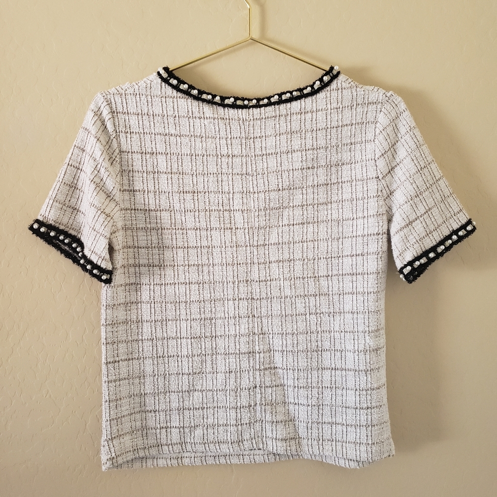 Zara Trafaluc Pearl Trim Tweed Top Size M